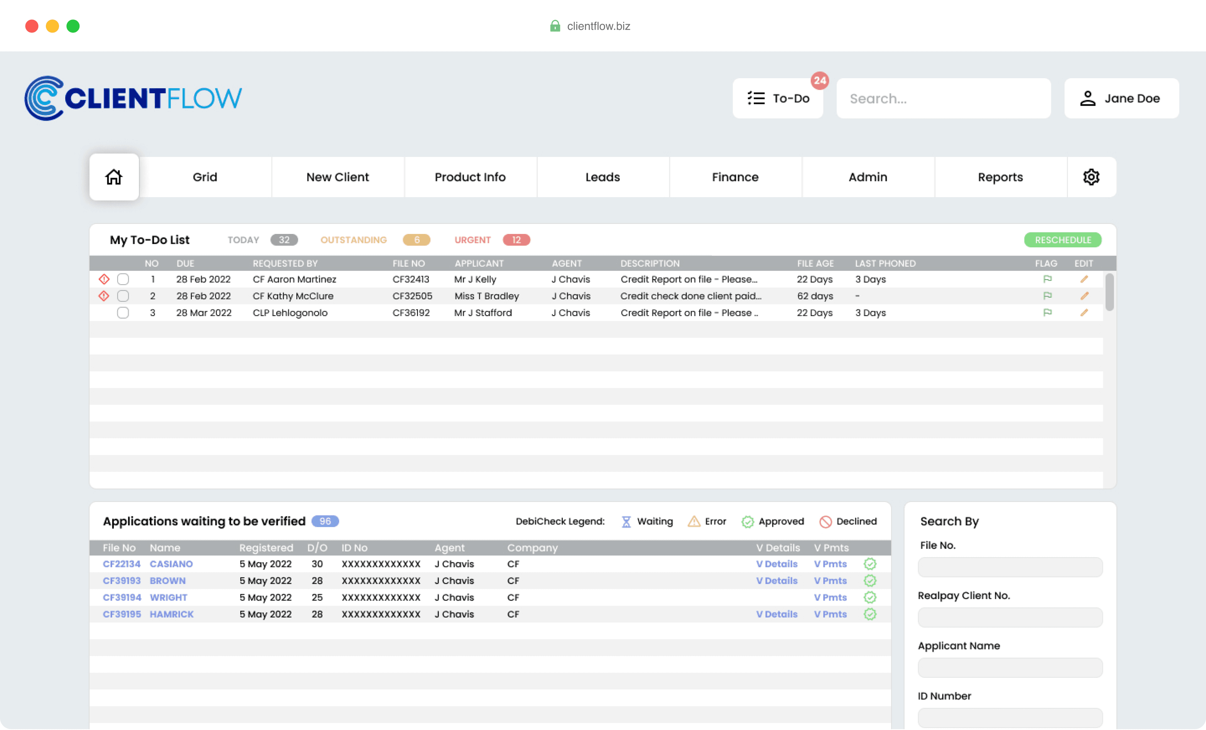 ClientFlow BOS dashboard with a to-do list and applications awaiting verification
